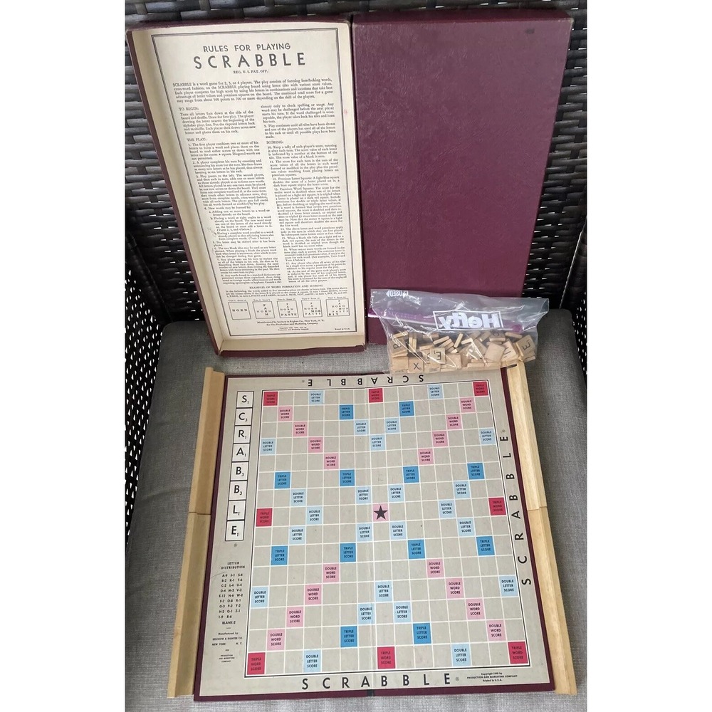 Vntg 1948-1953 SCRABBLE Board Game Selchow & Righter Complete Wood Tiles See Pic